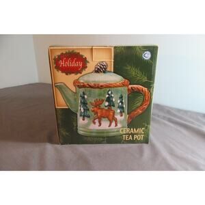 Retro BICO Ceramic Teapot - Woodlands Bears & Moose in the Forest Green & Brown